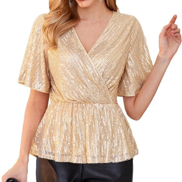 Grace Karin Tops - Sequin Ruffle Gold Wrap Blouse - M